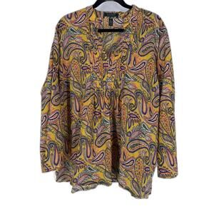 LAUREN Ralph Lauren Paisley Tunic Top Yellow Blouse Pleats Shirt Sz 2X Plus Size